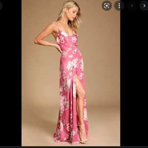 Love of Romance Pink Floral Print Satin Cowl Neck Maxi Dress